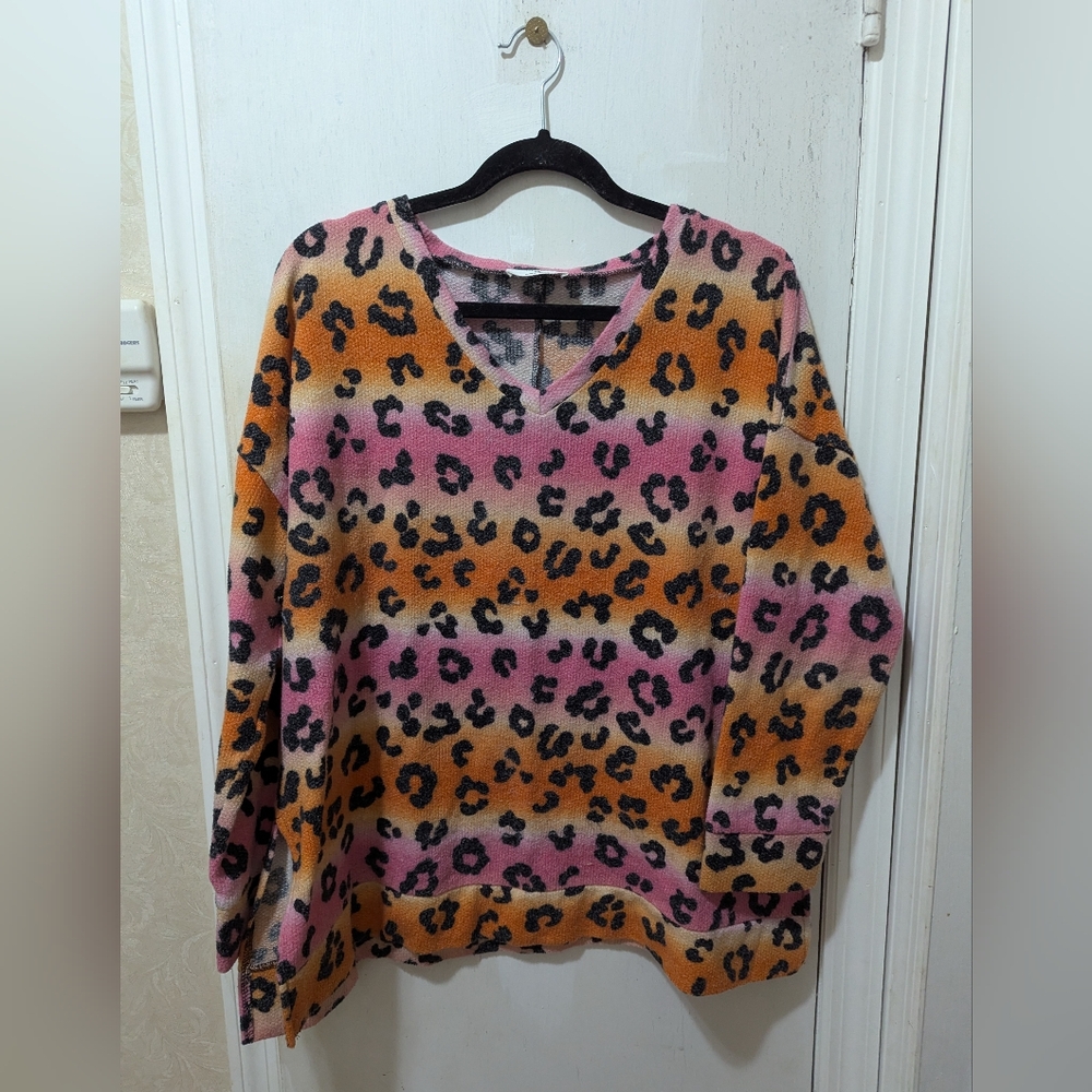 Zenana 2XL Leopard Print V-Neck Sweater, Black, Pink & Orange